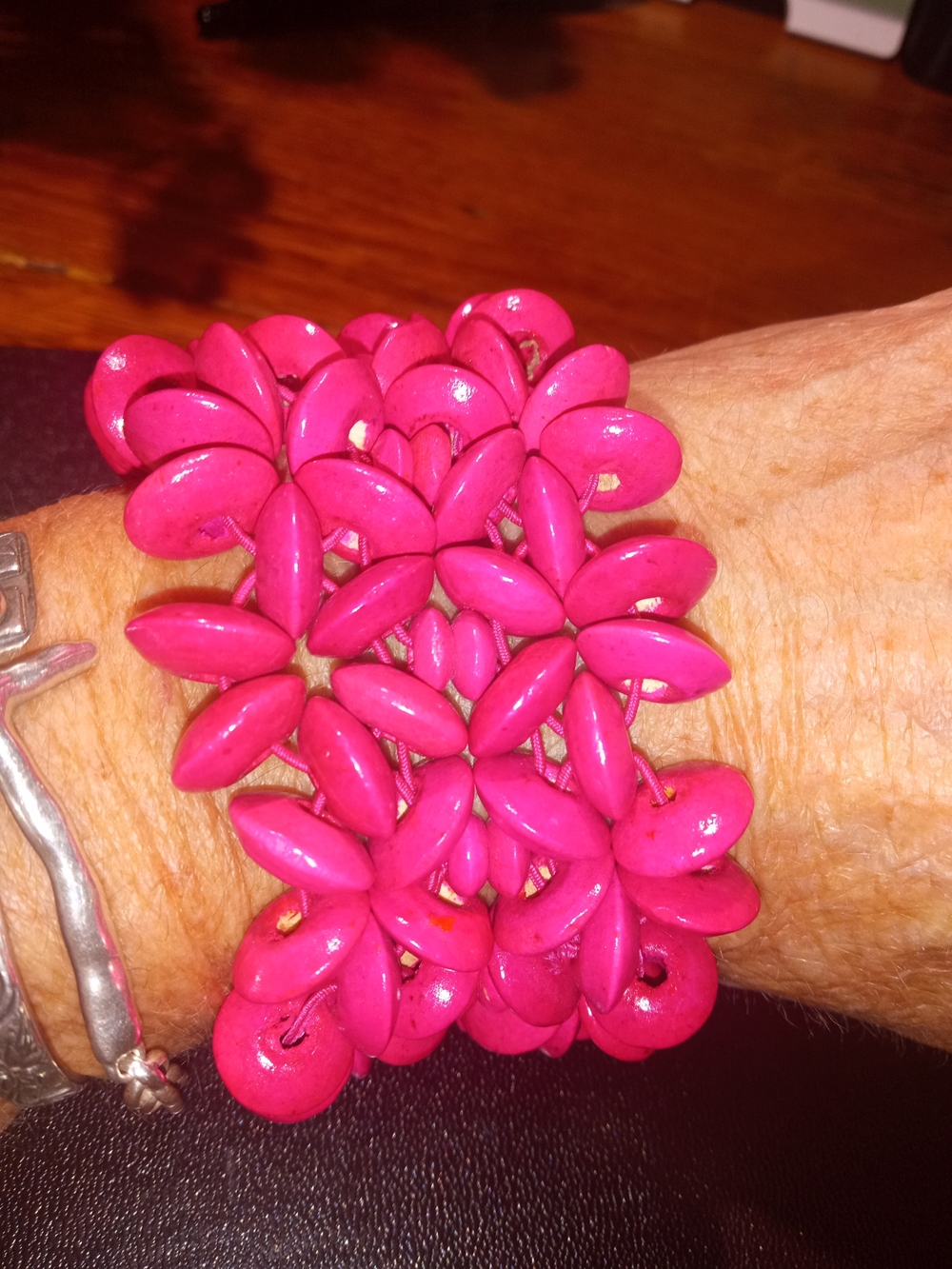 Handmade Hot Pink Seed Bead Stretch Bracelet Wooden